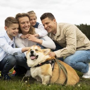 full-shot-family-with-cute-dog-outdoors